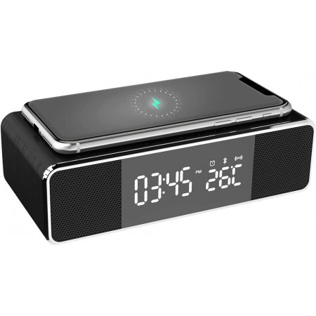 CARREGADOR SEM FIO E CAIXA DE SOM BLUETOOTH C/ RELOGIO BRIGHT PRETO