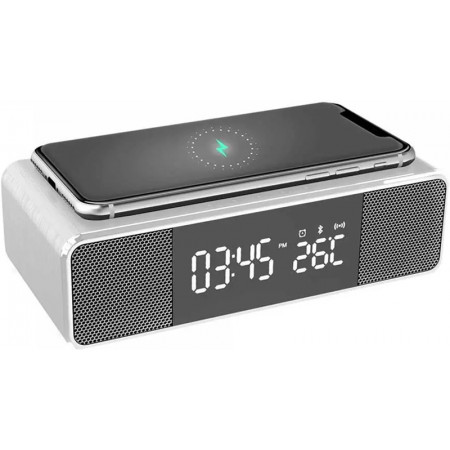 CARREGADOR SEM FIO E CAIXA DE SOM BLUETOOTH C/ RELOGIO BRIGHT BRANCO