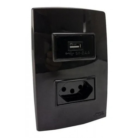 TOMADA DE PAREDE 10A + USB 2.4A FORCELINE PRETA